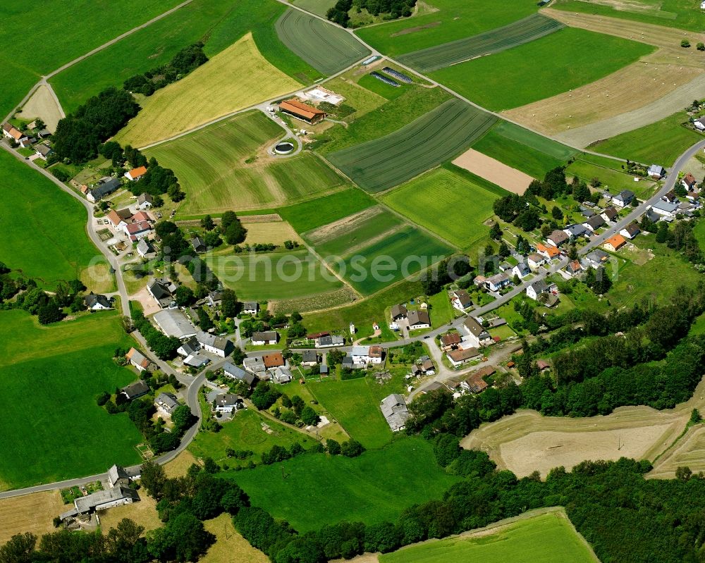 Aerial photograph Brücken - Agricultural land and field boundaries surround the settlement area of the village in Brücken in the state Rhineland-Palatinate, Germany