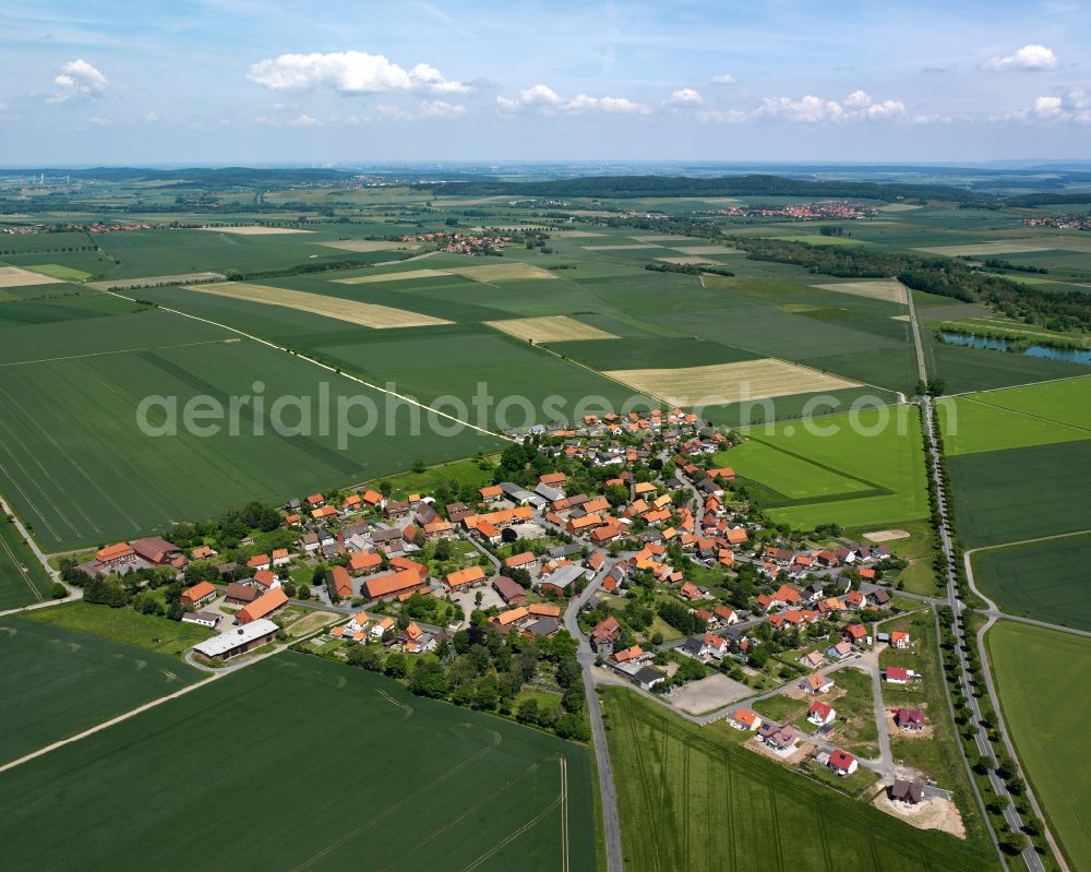 Bredelem from above - Agricultural land and field boundaries surround the settlement area of the village in Bredelem in the state Lower Saxony, Germany