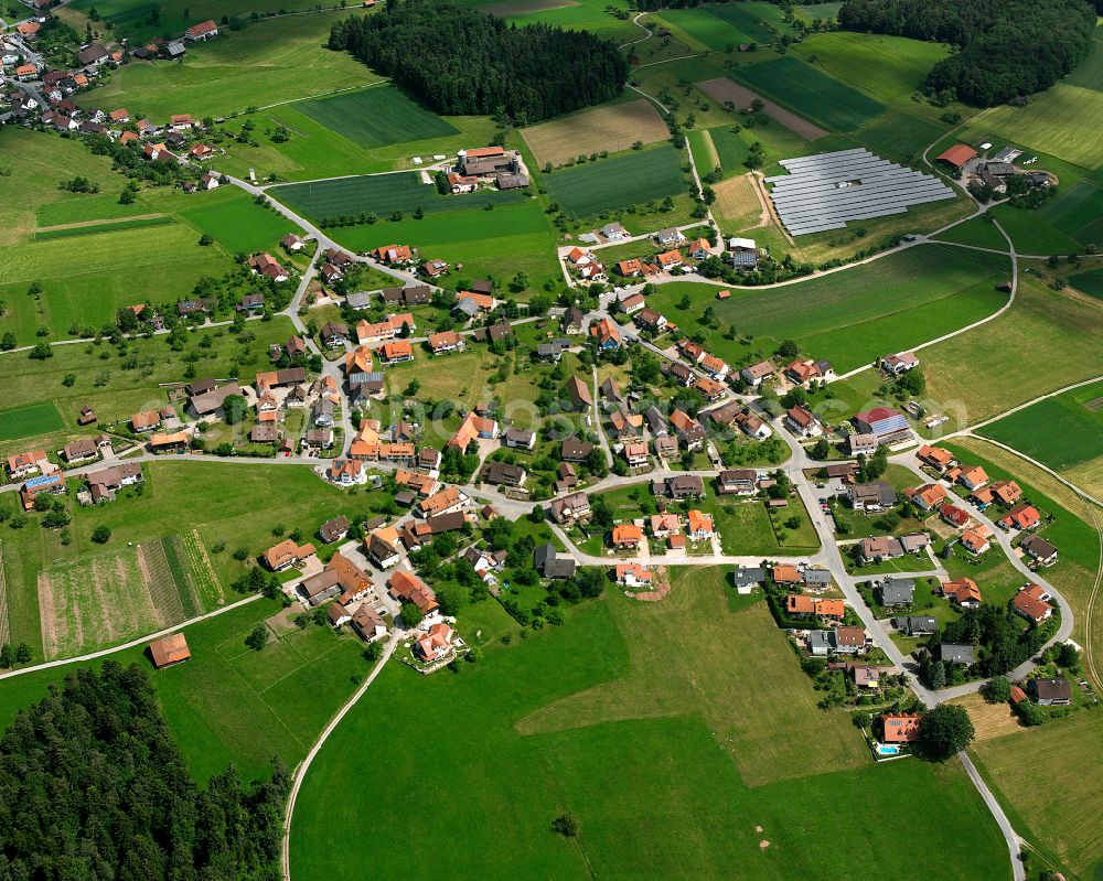 Aerial image Breitenberg - Agricultural land and field boundaries surround the settlement area of the village in Breitenberg in the state Baden-Wuerttemberg, Germany