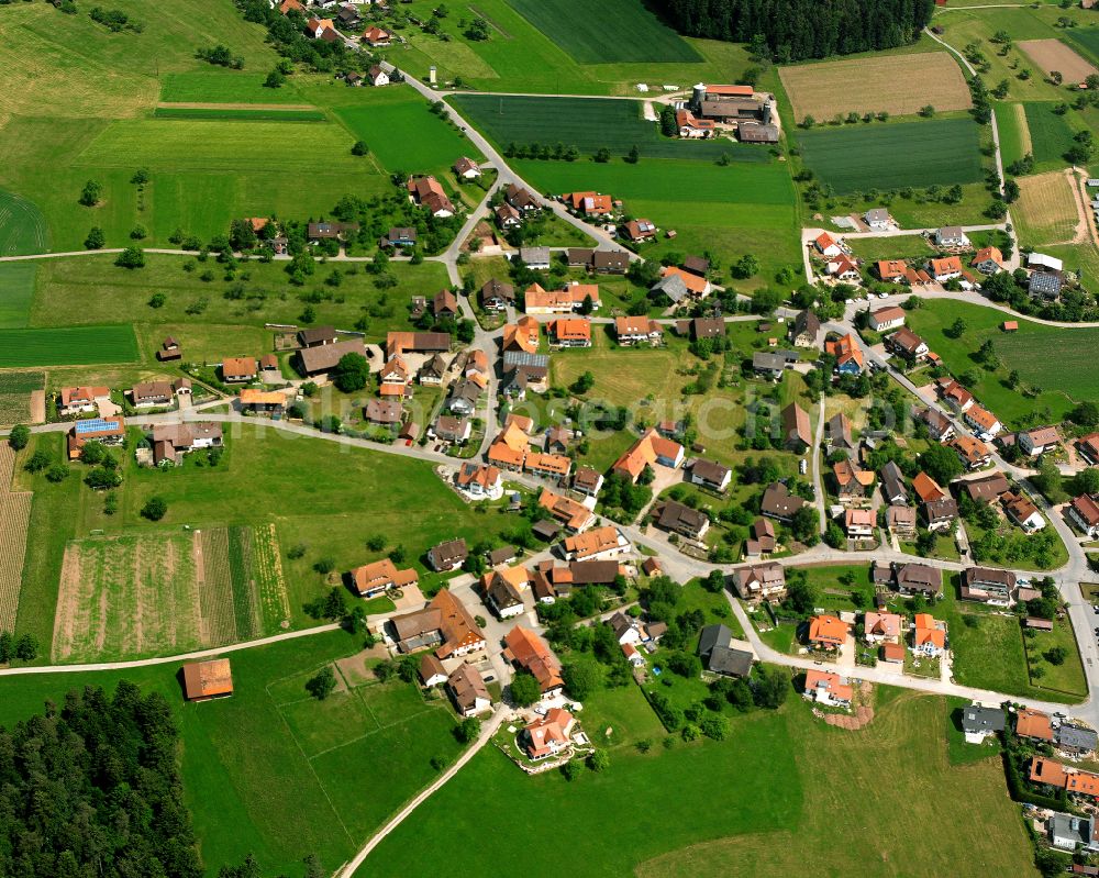 Breitenberg from above - Agricultural land and field boundaries surround the settlement area of the village in Breitenberg in the state Baden-Wuerttemberg, Germany