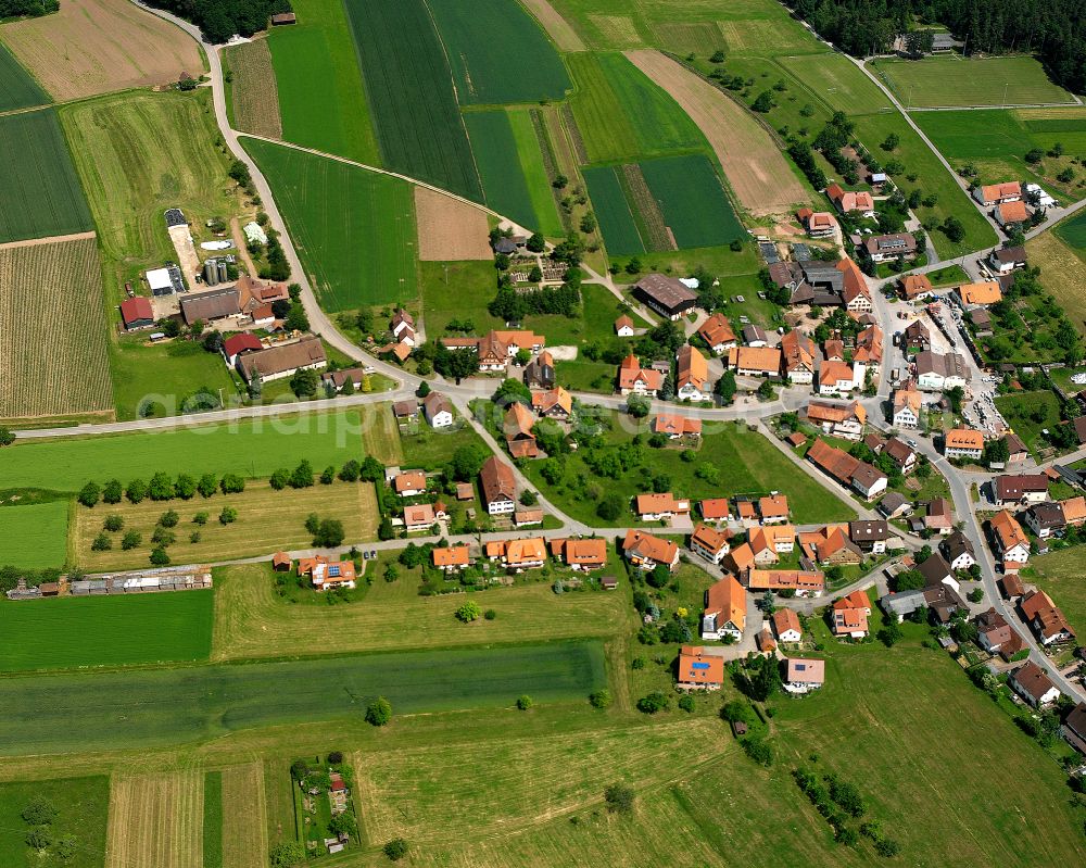 Aerial image Breitenberg - Agricultural land and field boundaries surround the settlement area of the village in Breitenberg in the state Baden-Wuerttemberg, Germany