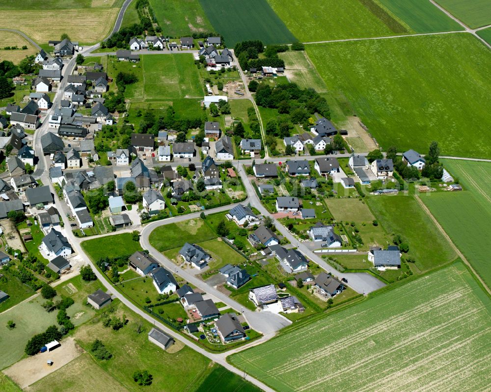 Bärenbach from above - Agricultural land and field boundaries surround the settlement area of the village in Bärenbach in the state Rhineland-Palatinate, Germany