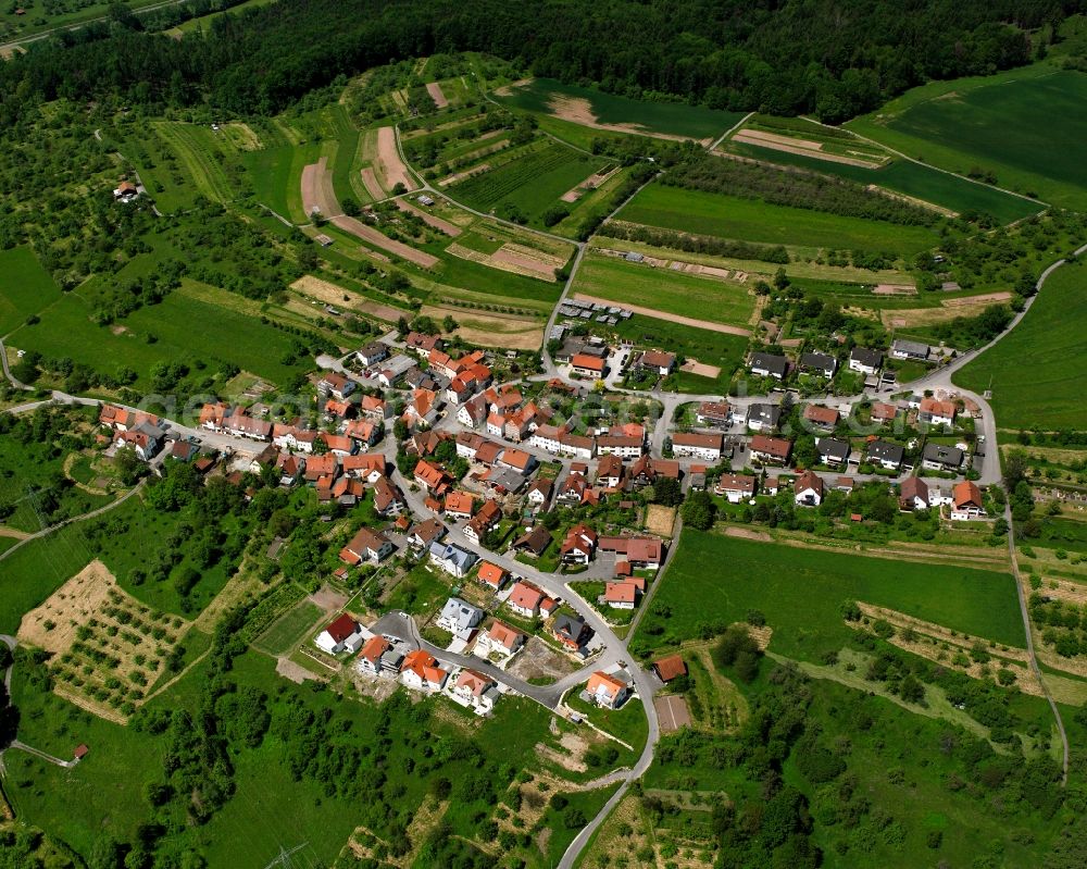 Aerial image Bretzenacker - Agricultural land and field boundaries surround the settlement area of the village in Bretzenacker in the state Baden-Wuerttemberg, Germany