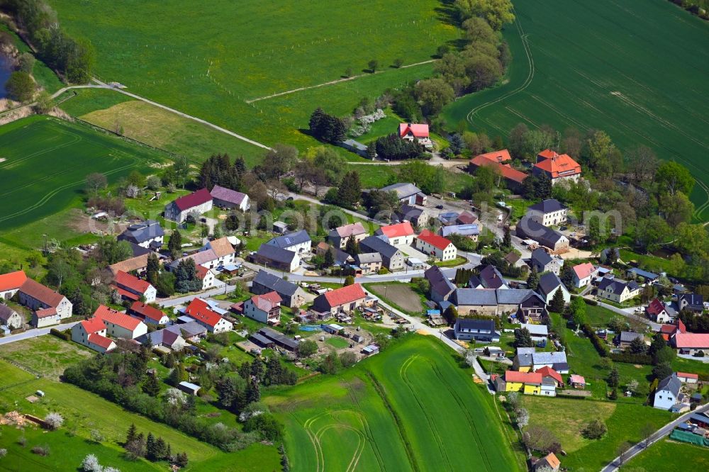 Briesing from above - Agricultural land and field boundaries surround the settlement area of the village in Briesing in the state Saxony, Germany