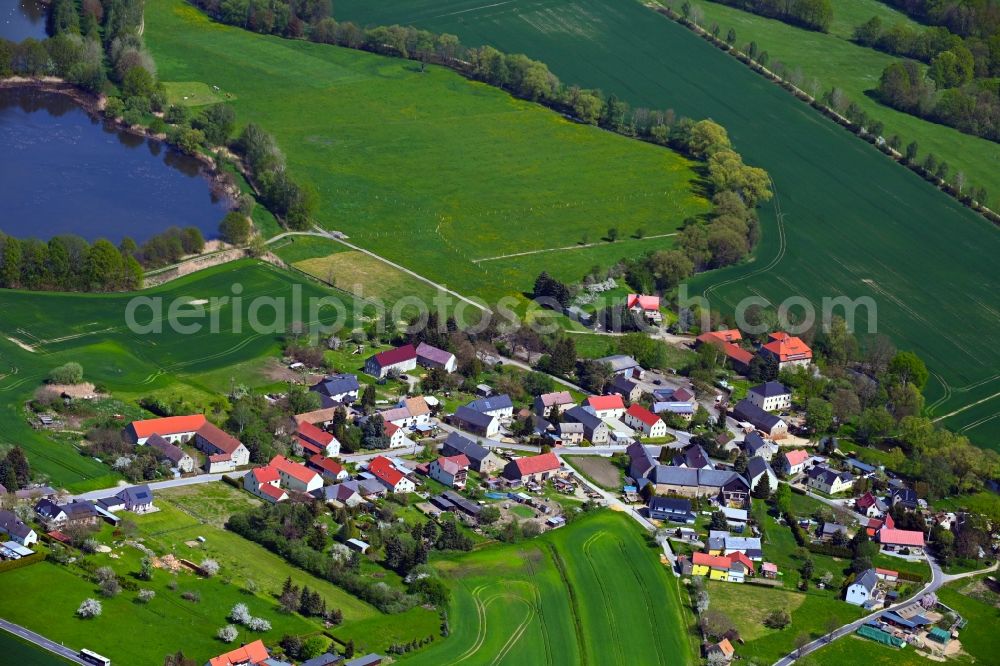 Briesing from the bird's eye view: Agricultural land and field boundaries surround the settlement area of the village in Briesing in the state Saxony, Germany