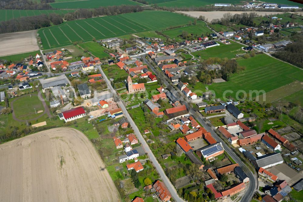 Brunau from the bird's eye view: Agricultural land and field boundaries surround the settlement area of the village in Brunau in the state Saxony-Anhalt, Germany