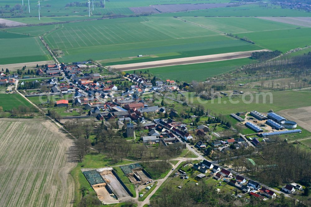 Büste from above - Agricultural land and field boundaries surround the settlement area of the village in Büste in the state Saxony-Anhalt, Germany