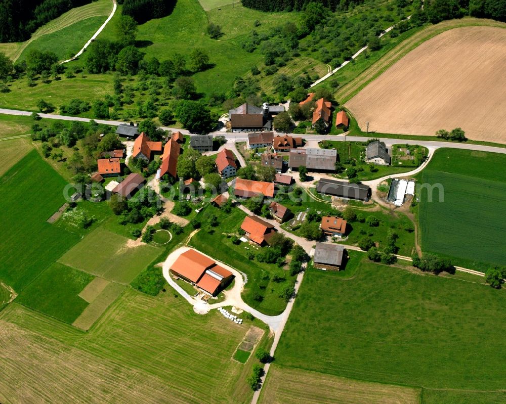 Buchengehren from the bird's eye view: Agricultural land and field boundaries surround the settlement area of the village in Buchengehren in the state Baden-Wuerttemberg, Germany