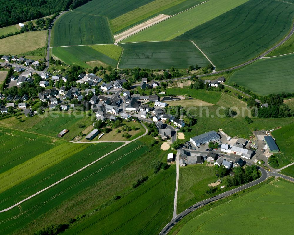 Budenbach from above - Agricultural land and field boundaries surround the settlement area of the village in Budenbach in the state Rhineland-Palatinate, Germany