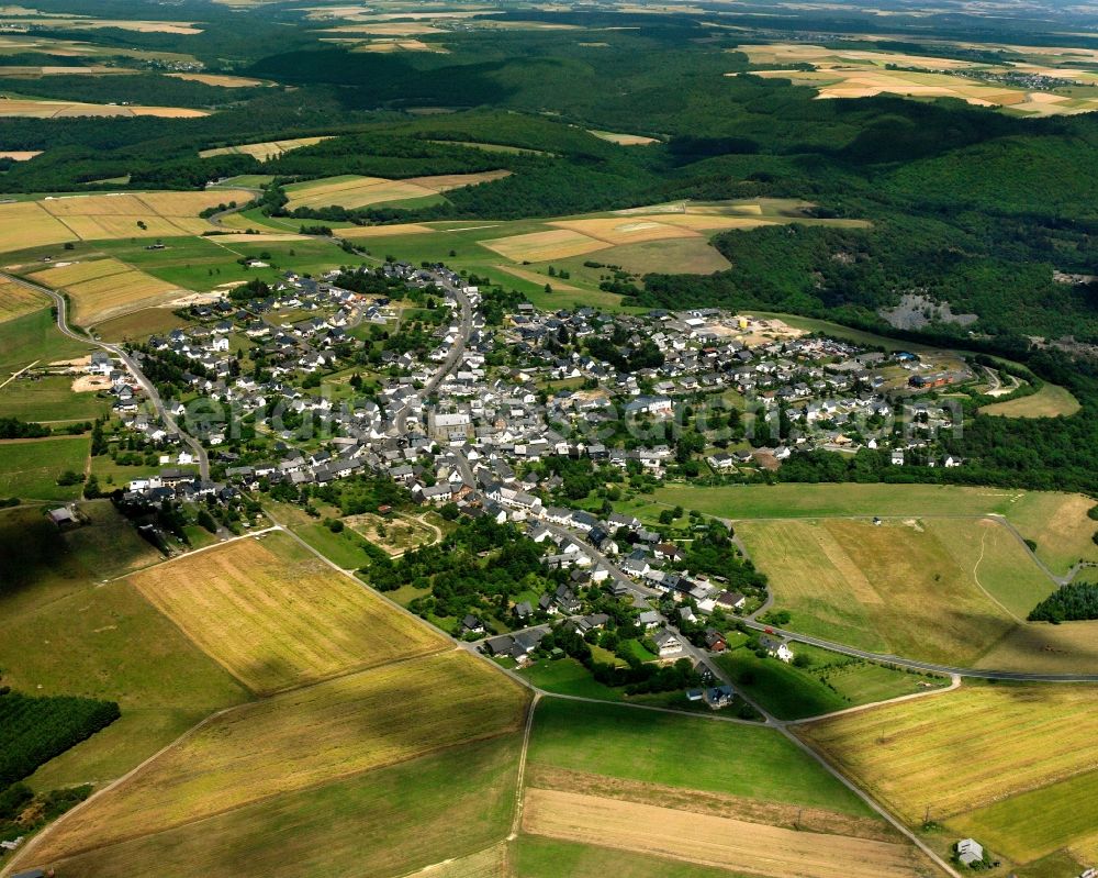 Bundenbach from above - Agricultural land and field boundaries surround the settlement area of the village in Bundenbach in the state Rhineland-Palatinate, Germany