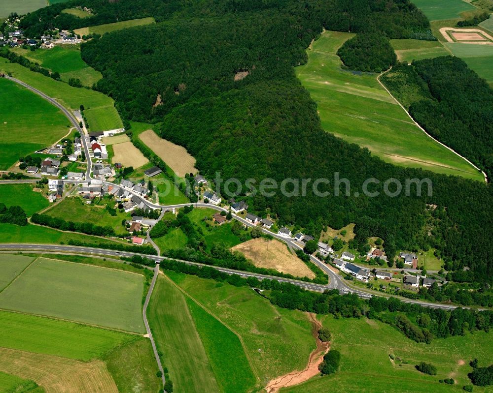 Burbach from the bird's eye view: Agricultural land and field boundaries surround the settlement area of the village in Burbach in the state Rhineland-Palatinate, Germany