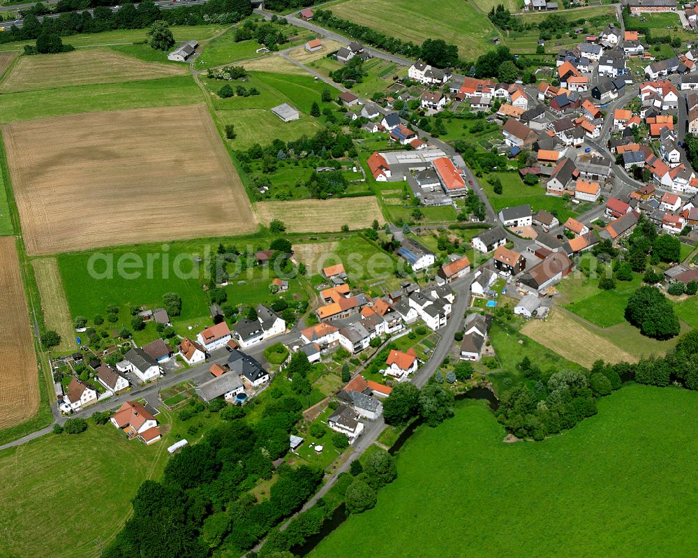 Burg-Gemünden from the bird's eye view: Agricultural land and field boundaries surround the settlement area of the village in Burg-Gemünden in the state Hesse, Germany