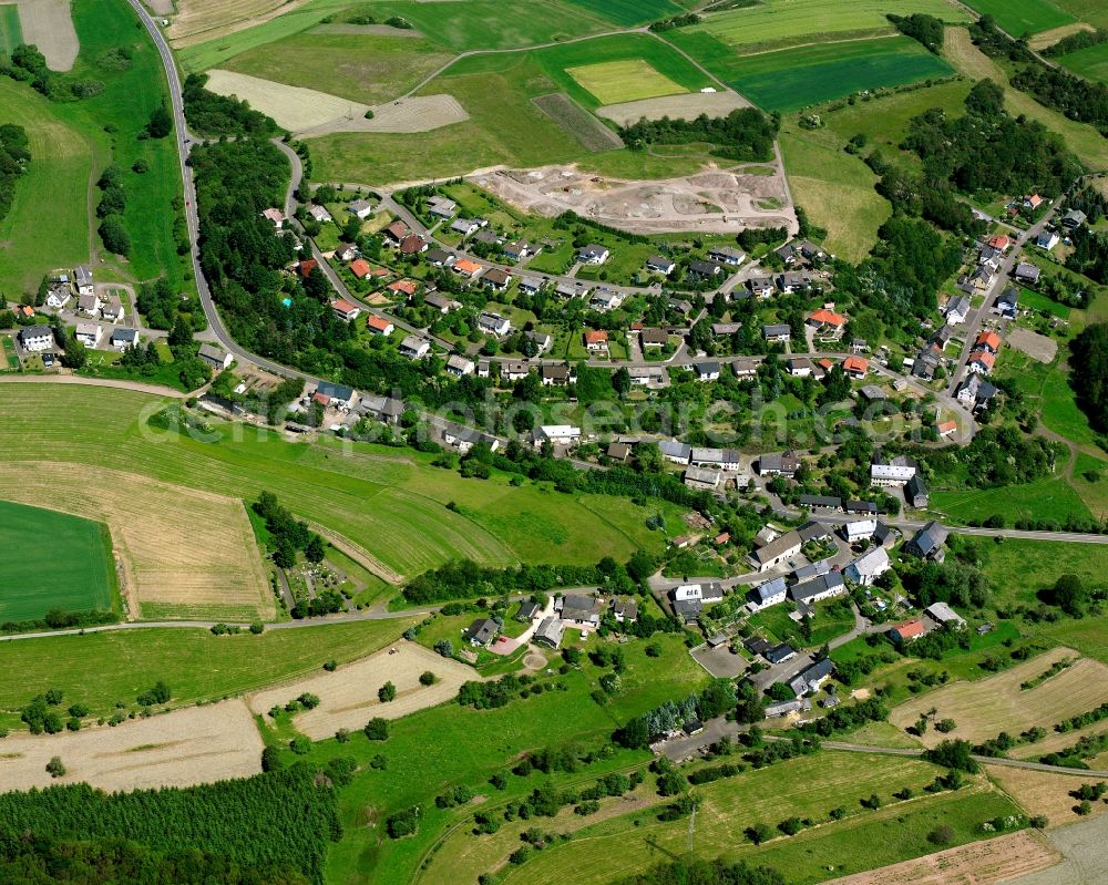 Burgbirkenfeld from above - Agricultural land and field boundaries surround the settlement area of the village in Burgbirkenfeld in the state Rhineland-Palatinate, Germany