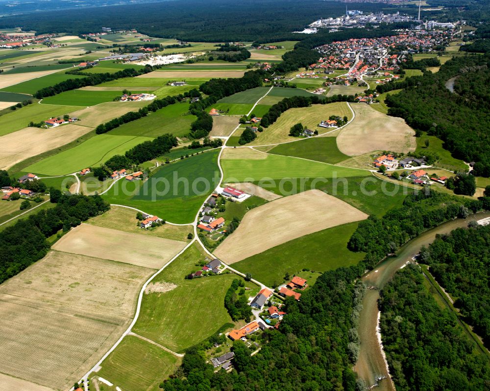 Aerial photograph Burgkirchen an der Alz - Agricultural land and field boundaries surround the settlement area of the village in Burgkirchen an der Alz in the state Bavaria, Germany