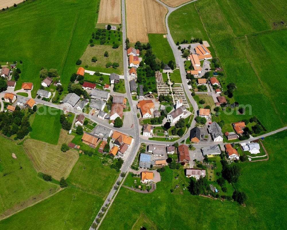 Burgweiler from above - Agricultural land and field boundaries surround the settlement area of the village in Burgweiler in the state Baden-Wuerttemberg, Germany