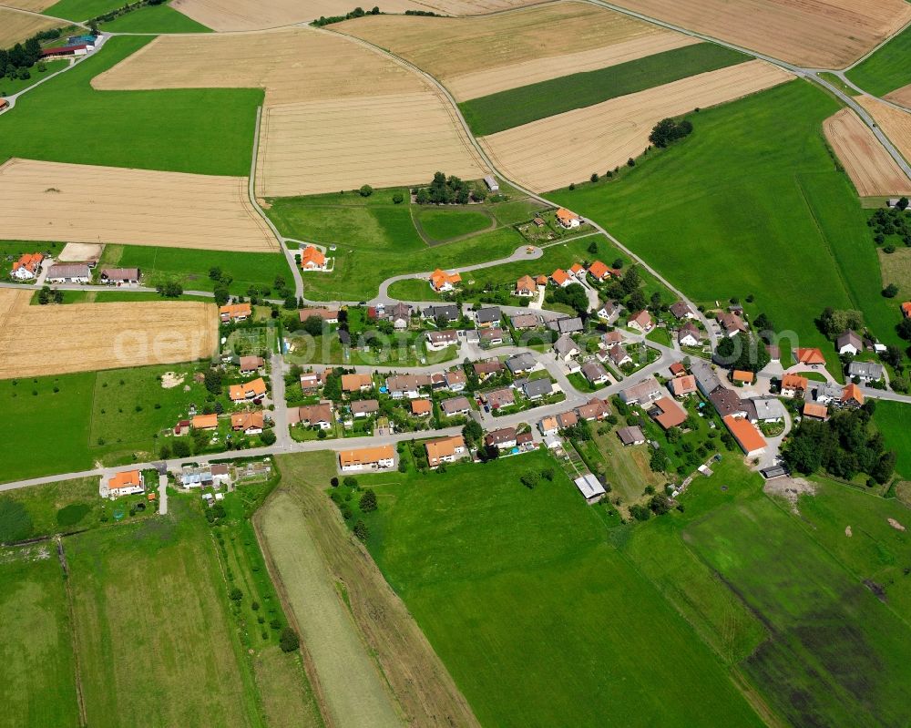 Burgweiler from the bird's eye view: Agricultural land and field boundaries surround the settlement area of the village in Burgweiler in the state Baden-Wuerttemberg, Germany