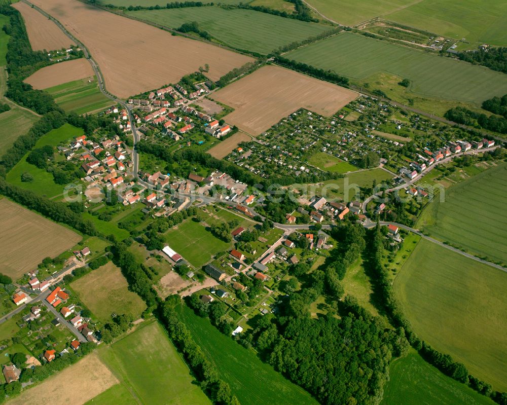 Canitz from above - Agricultural land and field boundaries surround the settlement area of the village in Canitz in the state Saxony, Germany