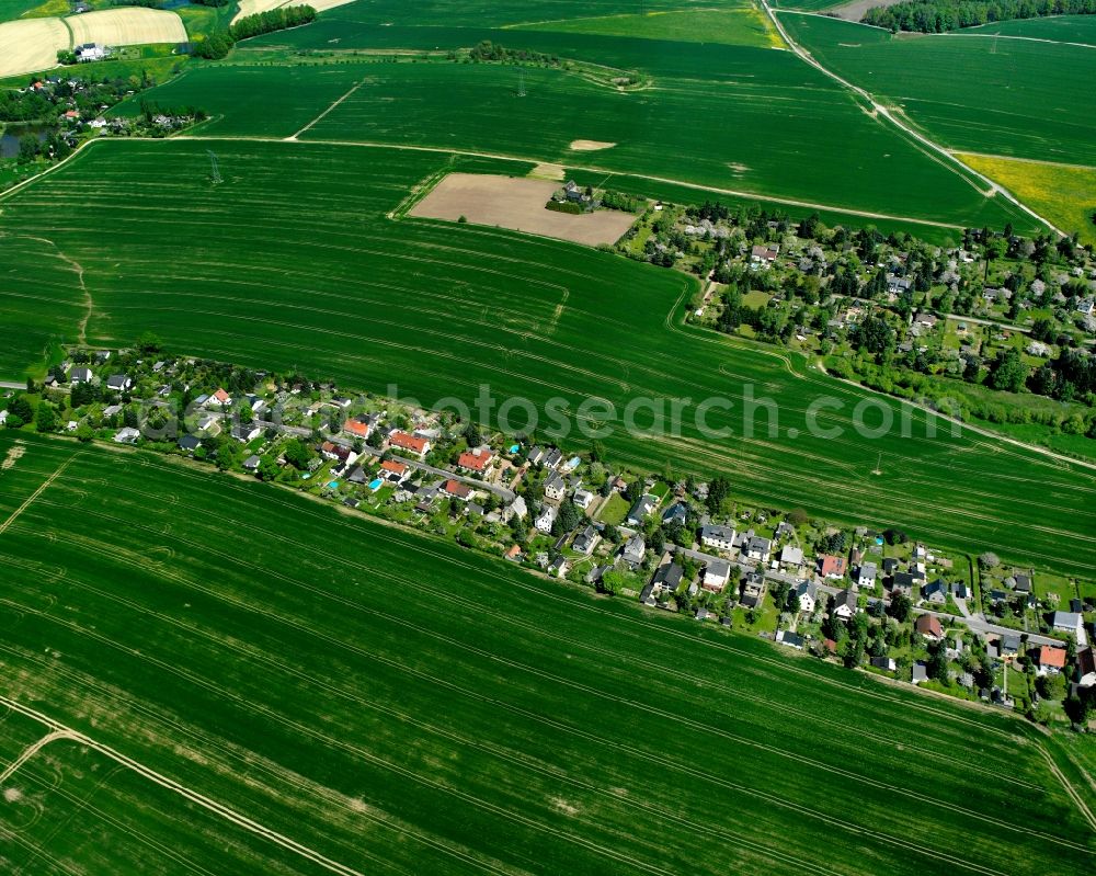 Chemnitz-Wittgensdorf from the bird's eye view: Agricultural land and field boundaries surround the settlement area of the village in Chemnitz-Wittgensdorf in the state Saxony, Germany