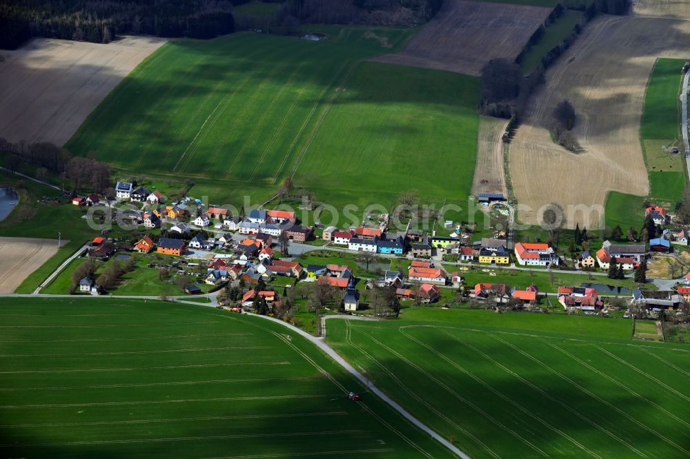 Aerial image Chursdorf - Agricultural land and field boundaries surround the settlement area of the village in Chursdorf in the state Thuringia, Germany