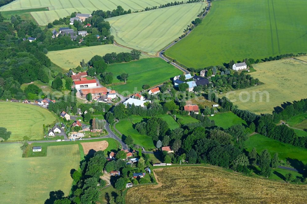 Clennen from the bird's eye view: Agricultural land and field boundaries surround the settlement area of the village in Clennen in the state Saxony, Germany