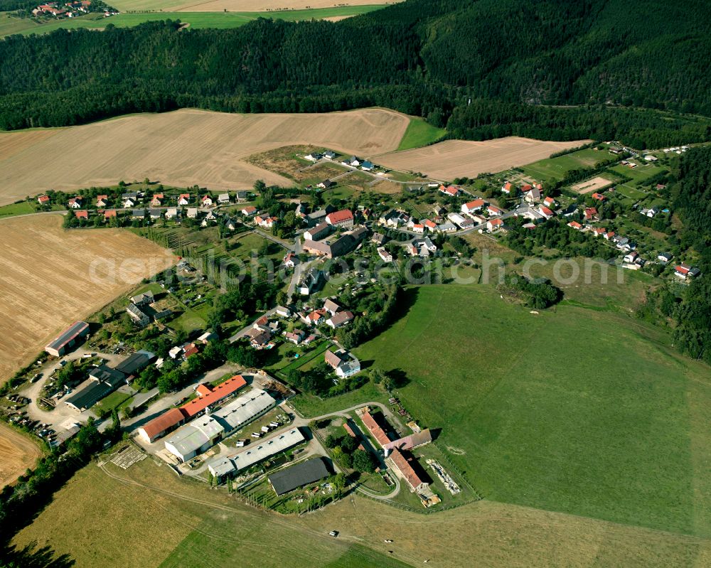 Aerial image Clodra - Agricultural land and field boundaries surround the settlement area of the village in Clodra in the state Thuringia, Germany