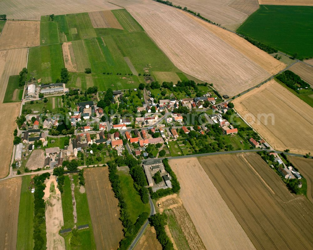 Aerial photograph Colmnitz - Agricultural land and field boundaries surround the settlement area of the village in Colmnitz in the state Saxony, Germany