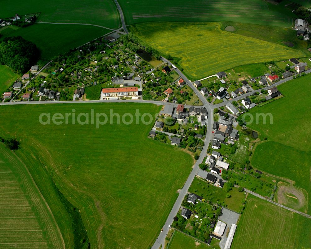 Aerial photograph Cossengrün - Agricultural land and field boundaries surround the settlement area of the village in Cossengrün in the state Thuringia, Germany