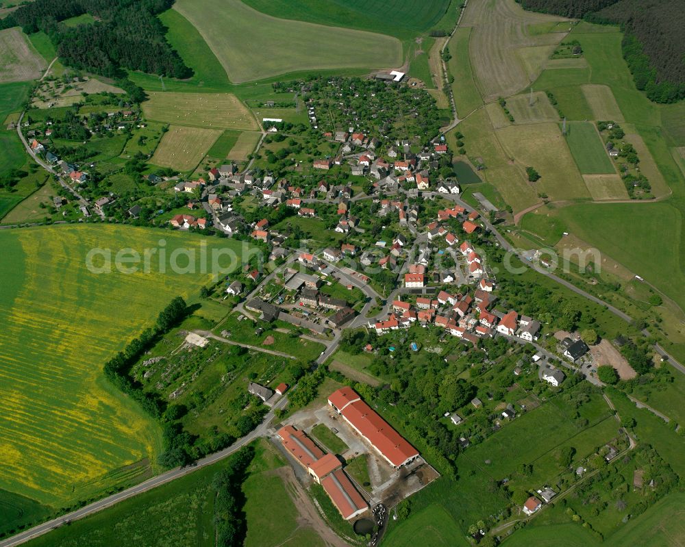 Aerial photograph Crimla - Agricultural land and field boundaries surround the settlement area of the village in Crimla in the state Thuringia, Germany