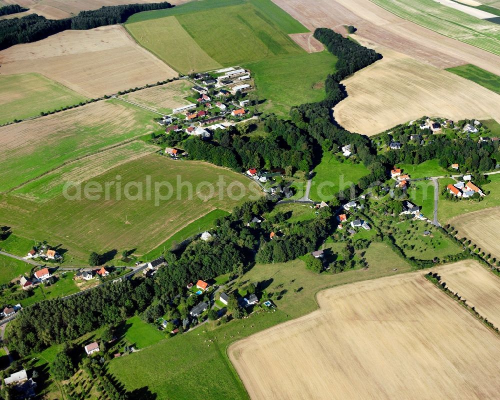 Crossen from the bird's eye view: Agricultural land and field boundaries surround the settlement area of the village in Crossen in the state Saxony, Germany