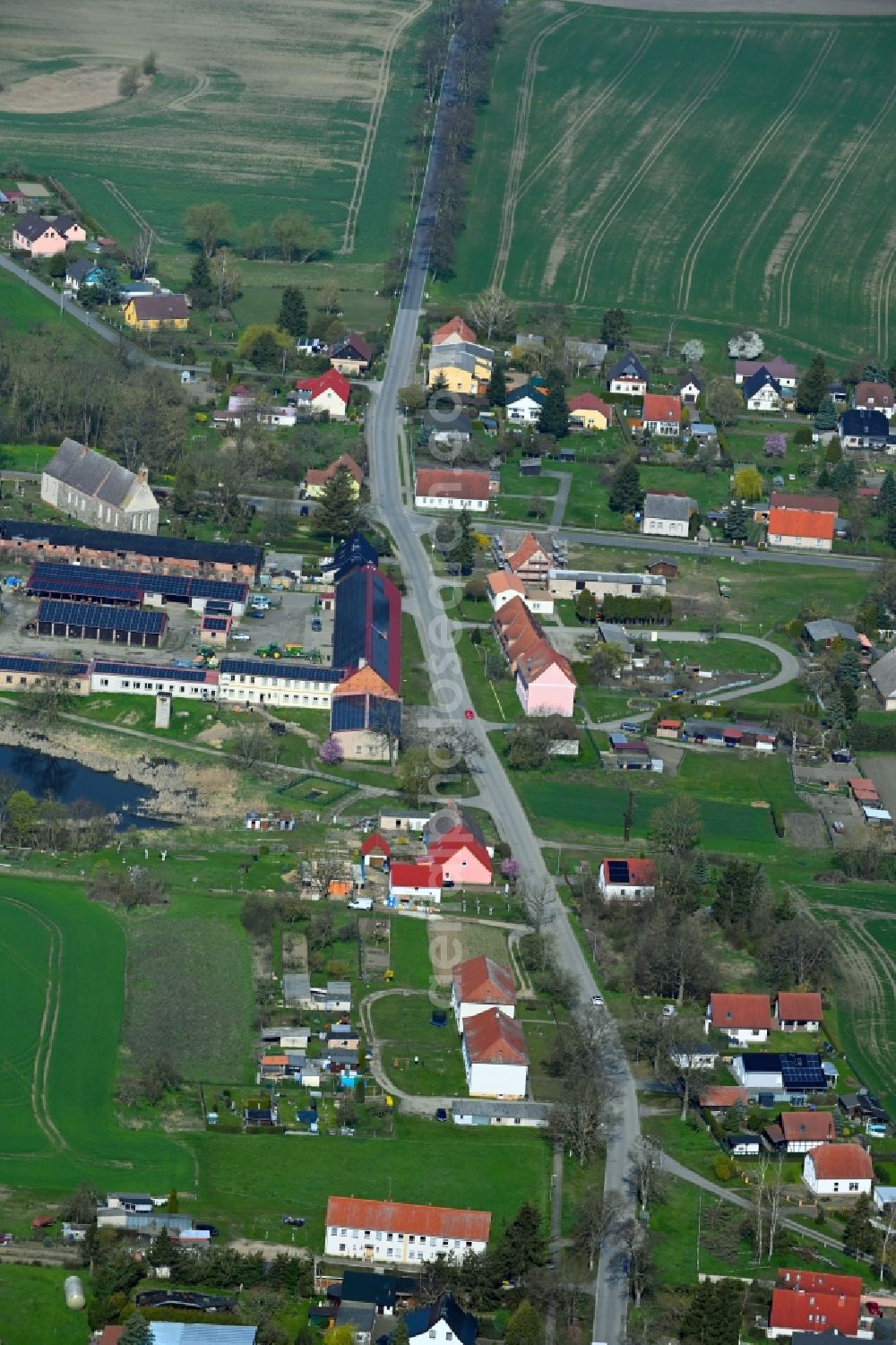 Crussow from the bird's eye view: Agricultural land and field boundaries surround the settlement area of the village in Crussow in the state Brandenburg, Germany