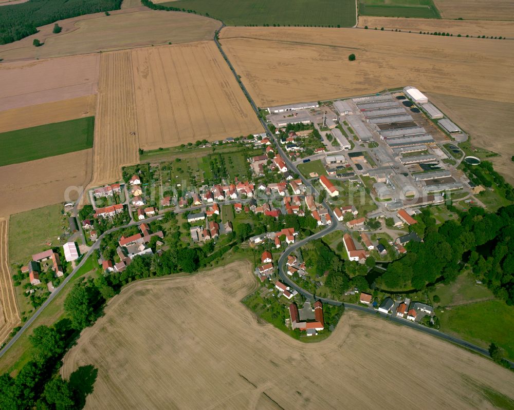 Cunnersdorf from the bird's eye view: Agricultural land and field boundaries surround the settlement area of the village in Cunnersdorf in the state Saxony, Germany