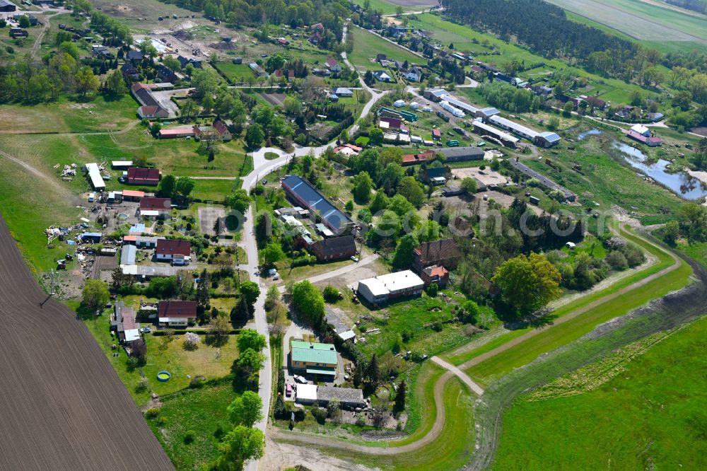 Damerow from above - Agricultural land and field boundaries surround the settlement area of the village in Damerow in the state Saxony-Anhalt, Germany