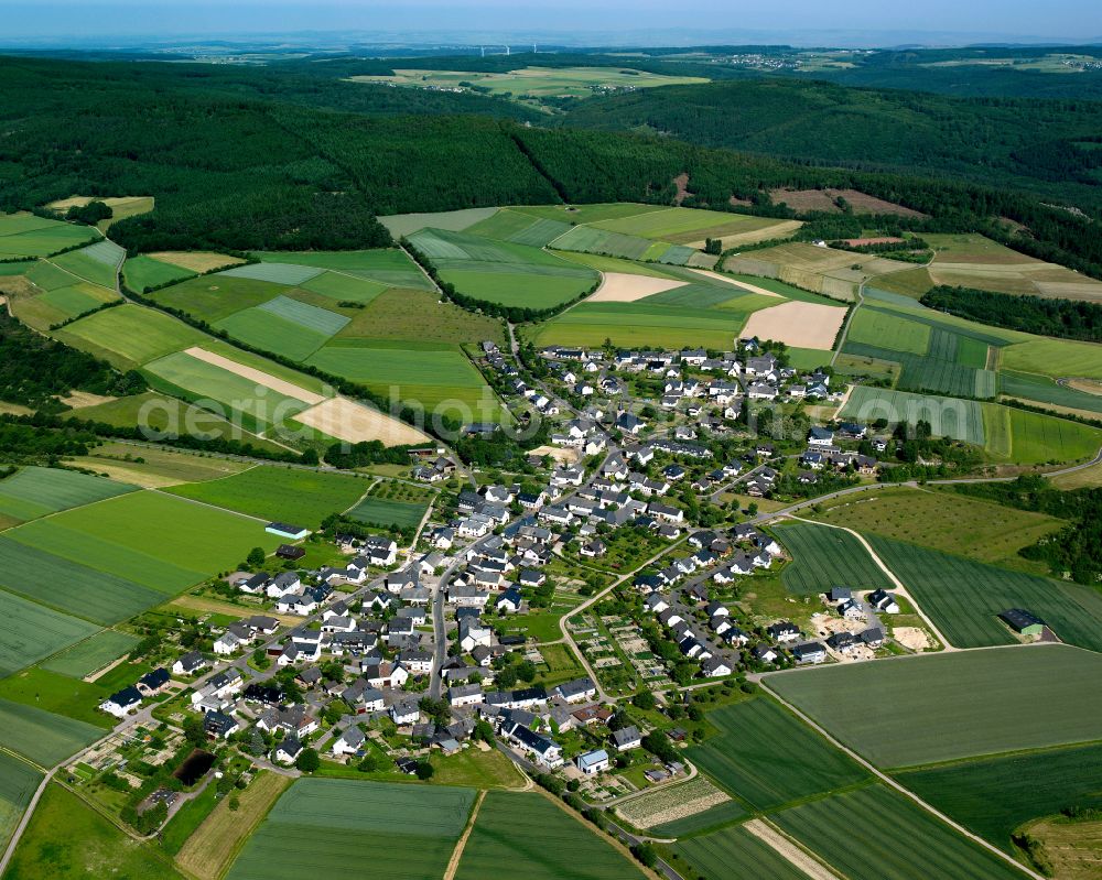 Aerial photograph Damscheid - Agricultural land and field boundaries surround the settlement area of the village in Damscheid in the state Rhineland-Palatinate, Germany