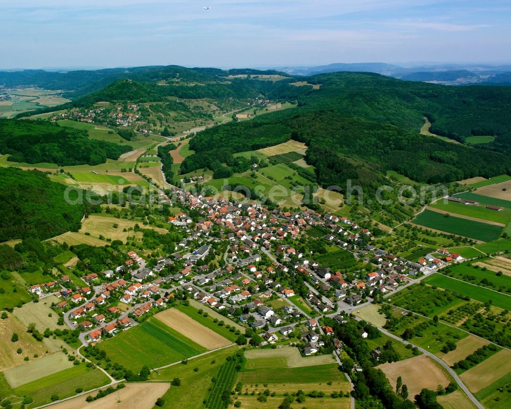 Dangstetten from the bird's eye view: Agricultural land and field boundaries surround the settlement area of the village in Dangstetten in the state Baden-Wuerttemberg, Germany