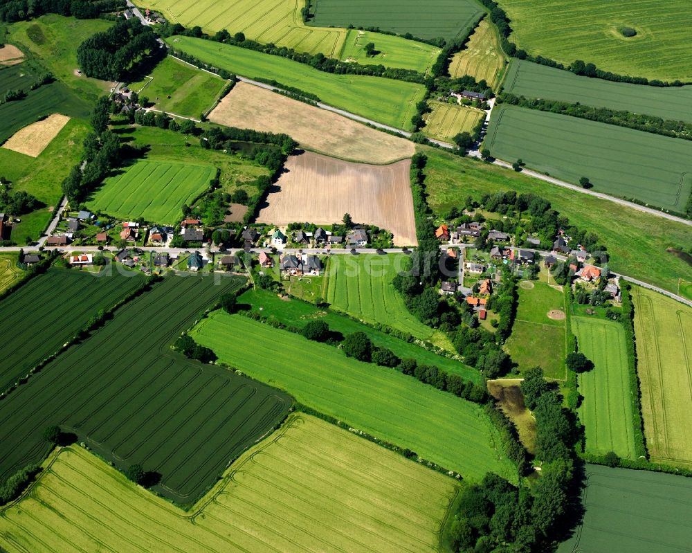 Düchelsdorf from above - Agricultural land and field boundaries surround the settlement area of the village in Düchelsdorf in the state Schleswig-Holstein, Germany