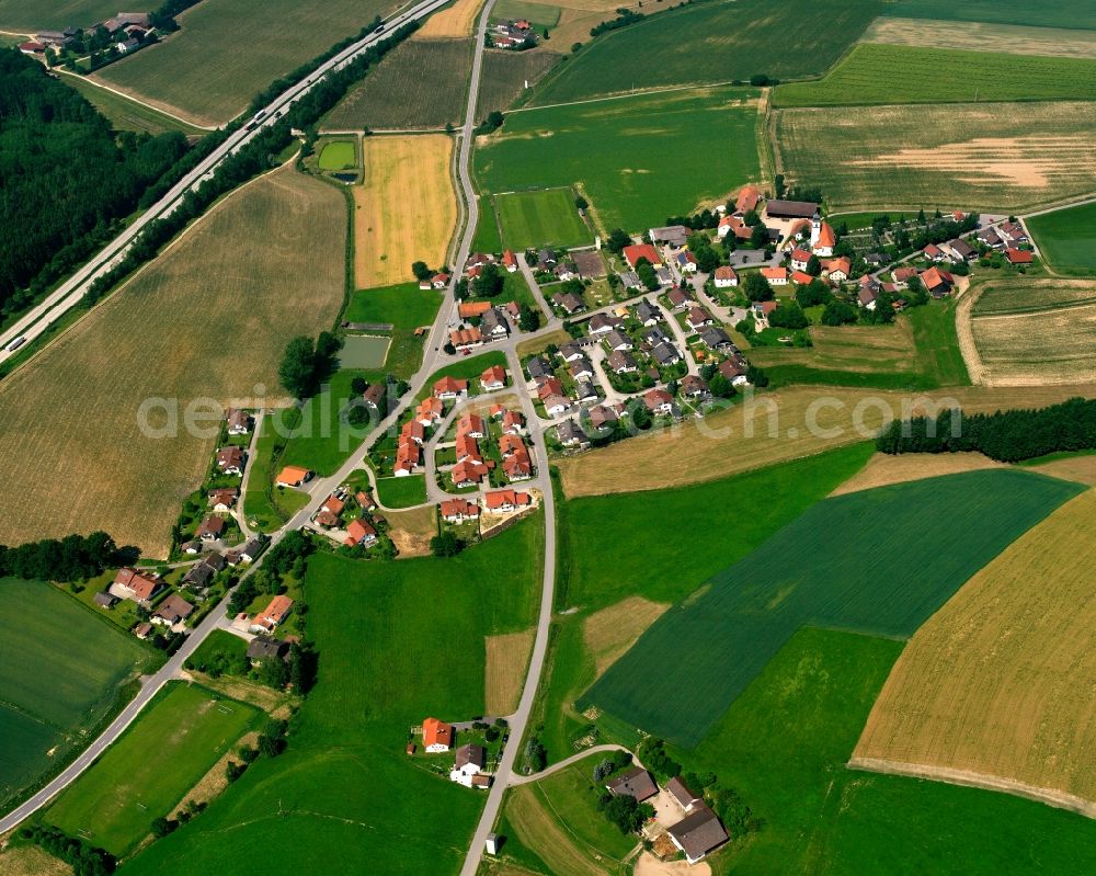 Degernbach from the bird's eye view: Agricultural land and field boundaries surround the settlement area of the village in Degernbach in the state Bavaria, Germany