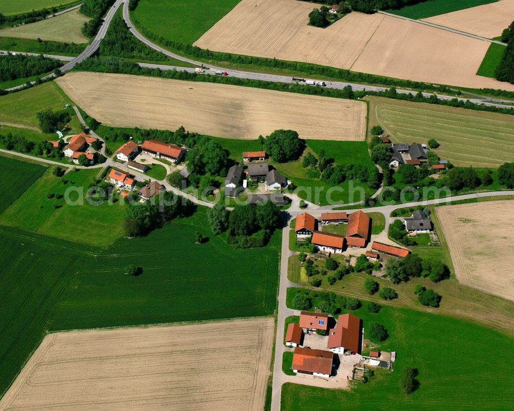 Aerial image Deindorf - Agricultural land and field boundaries surround the settlement area of the village in Deindorf in the state Bavaria, Germany