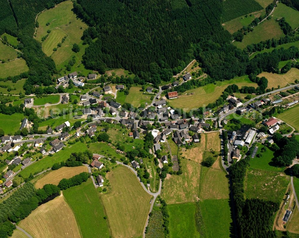 Diedenshausen from above - Agricultural land and field boundaries surround the settlement area of the village in Diedenshausen in the state North Rhine-Westphalia, Germany