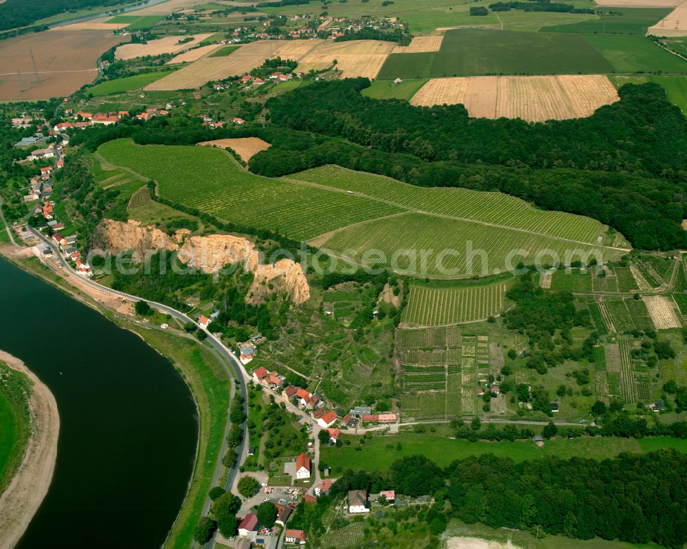 Aerial photograph Diesbar-Seußlitz - Agricultural land and field boundaries surround the settlement area of the village in Diesbar-Seußlitz in the state Saxony, Germany