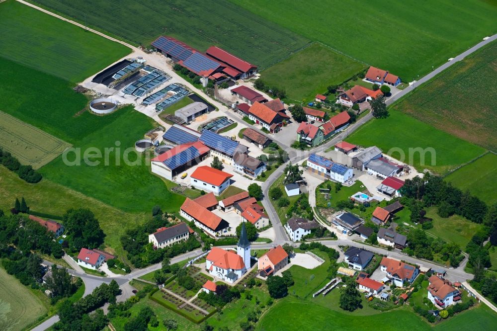 Dietkirchen from above - Agricultural land and field boundaries surround the settlement area of the village in Dietkirchen in the state Bavaria, Germany