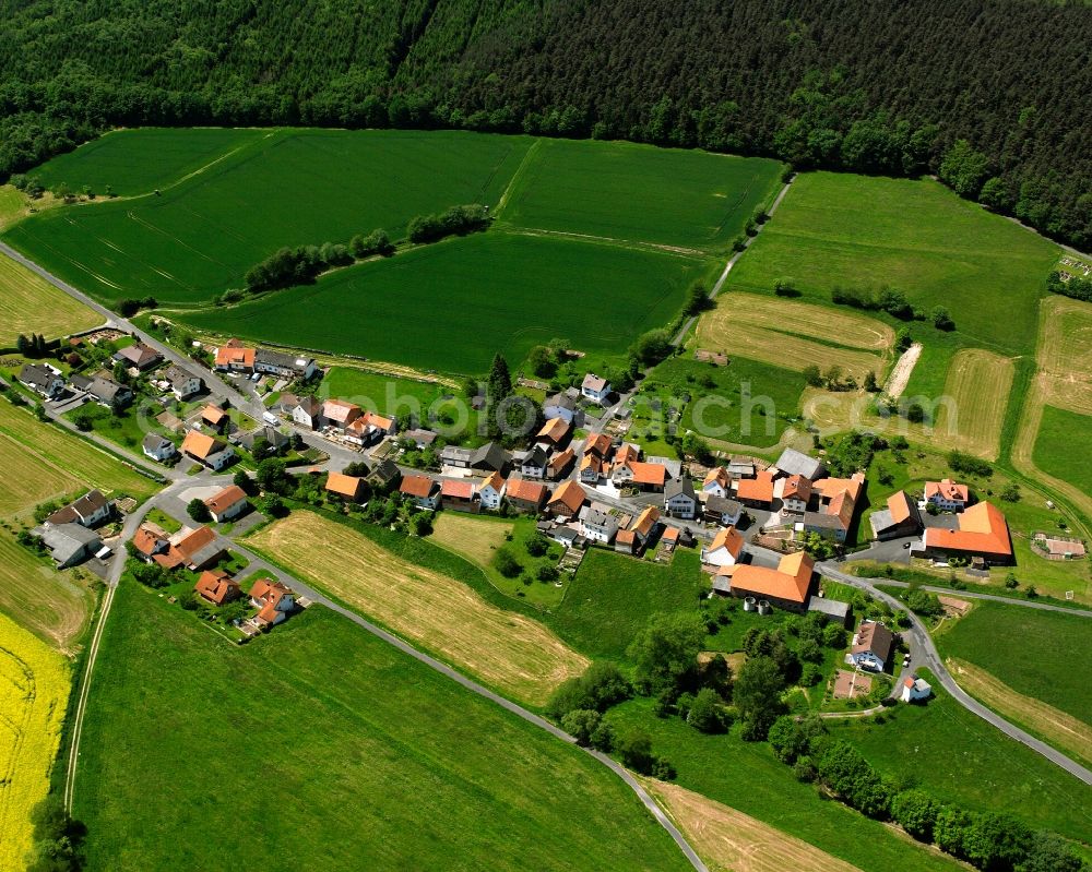 Dinkelrode from above - Agricultural land and field boundaries surround the settlement area of the village in Dinkelrode in the state Hesse, Germany