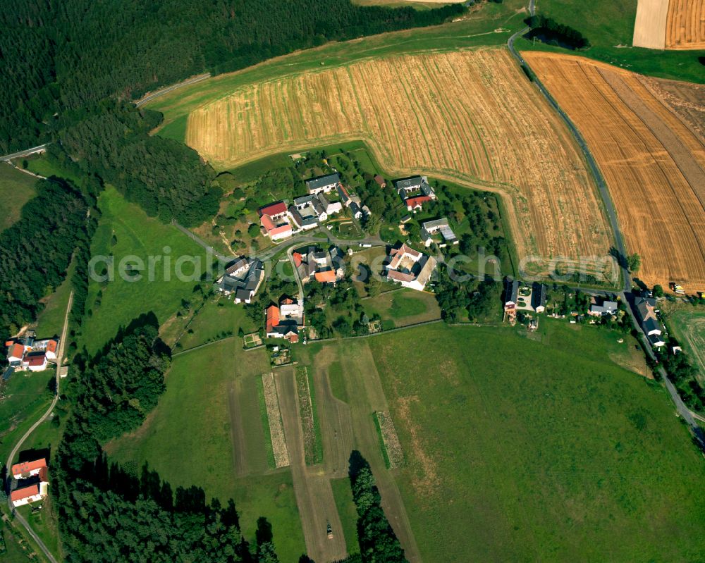 Dittersdorf from the bird's eye view: Agricultural land and field boundaries surround the settlement area of the village in Dittersdorf in the state Thuringia, Germany