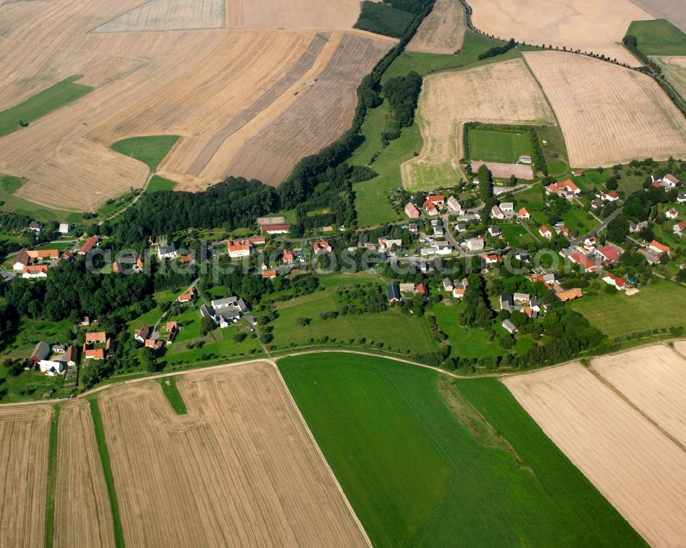 Dittmannsdorf from above - Agricultural land and field boundaries surround the settlement area of the village in Dittmannsdorf in the state Saxony, Germany