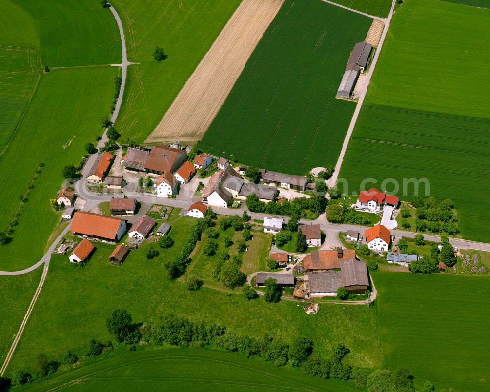 Dobel from the bird's eye view: Agricultural land and field boundaries surround the settlement area of the village in Dobel in the state Baden-Wuerttemberg, Germany