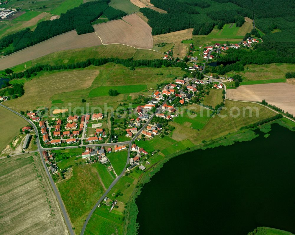 Dobra from the bird's eye view: Agricultural land and field boundaries surround the settlement area of the village in Dobra in the state Saxony, Germany