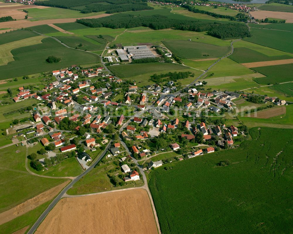 Aerial photograph Dobra - Agricultural land and field boundaries surround the settlement area of the village in Dobra in the state Saxony, Germany