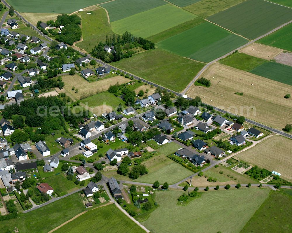 Dommershausen from above - Agricultural land and field boundaries surround the settlement area of the village in Dommershausen in the state Rhineland-Palatinate, Germany