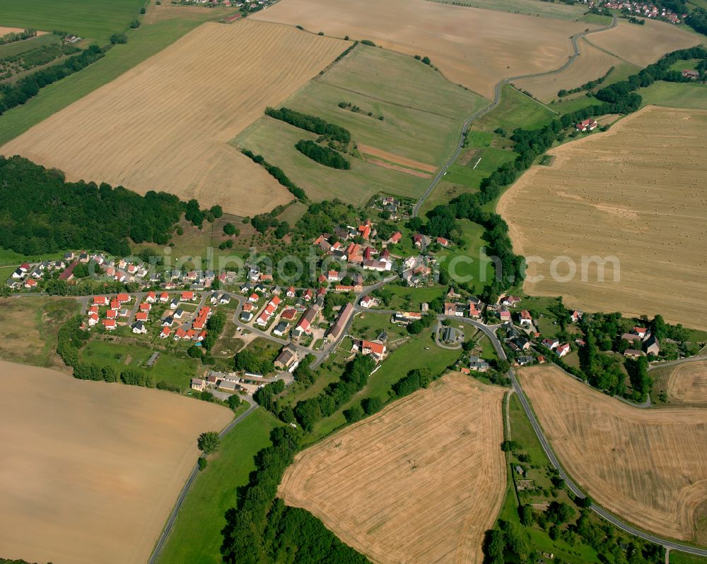 Dorna from above - Agricultural land and field boundaries surround the settlement area of the village in Dorna in the state Thuringia, Germany