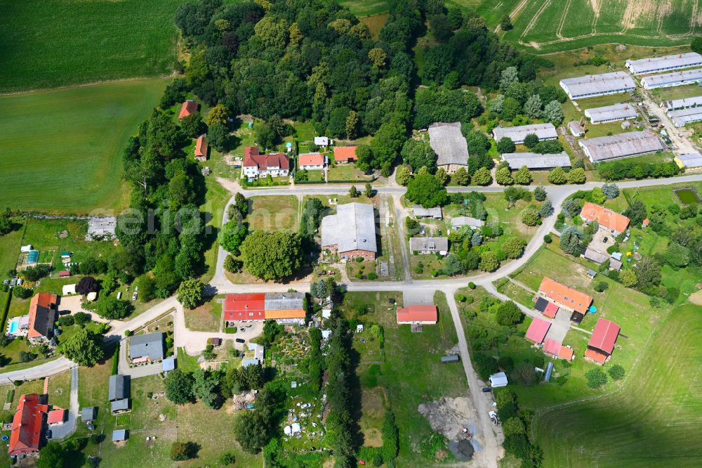 Dreetz from above - Agricultural land and field boundaries surround the settlement area of the village in Dreetz in the state Mecklenburg - Western Pomerania, Germany