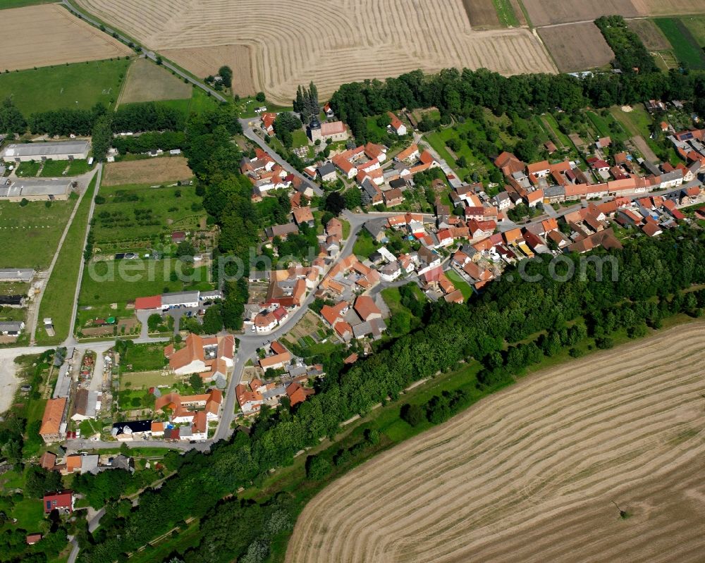 Dörna from the bird's eye view: Agricultural land and field boundaries surround the settlement area of the village in Dörna in the state Thuringia, Germany